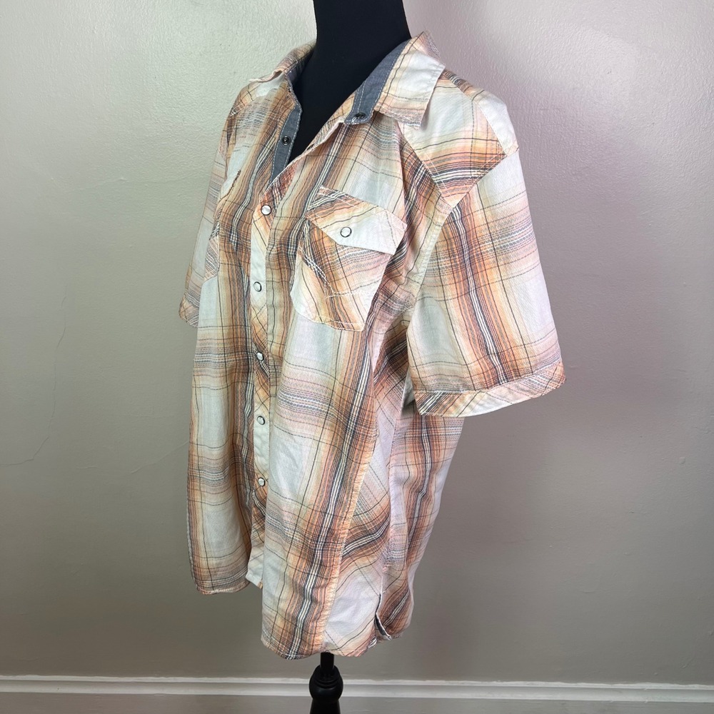 BKE Plaid Pearl Snap Western Shirt XL Orange Athletic Fit Short Sleeve Cowboy - Picture 3 of 8